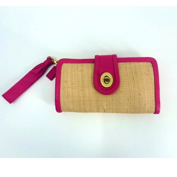 Coach Handbags - Coach Straw & Pink Leather Turnlock Wristlet Clutch | Summer Resort